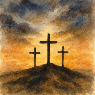 Meet The Author Behind The Words 3 crosses on a hill at sunset, with the sunlight coming through between the horizon and dark clouds as a signal of hope from the price Jesus paid.