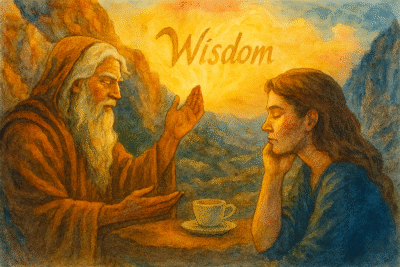 A watercolor with a young woman gaining wisdom from God, illustrating a scene that could be from Proverbs, Moral Benefits of Wisdom, Pr 2:1-6. 