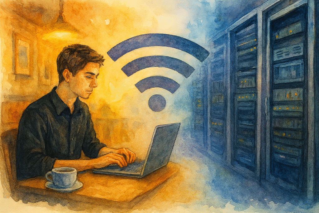 An AI Conversation About Paying Citizens to Snoop on Immigrants a watercolor-style image that captures a young man in a cozy coffee shop, connected by a glowing Wi-Fi signal to a sleek data center filled with server racks. Working on a web site a about which of the many "gods" in the world can truly save us.