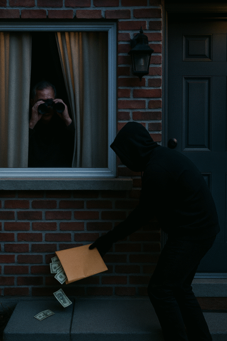 an image viewed from outside a house with a large picture window. The view of the window shows a pair of binoculars and a little bit of a face showing through the slit of open curtain. It also shows the front porch with the door next to the window. Someone dressed in black is dropping off a large envelope that contains a large amount of money. It's so full that a few bills are falling out as it's delivered. It should fit for a caption of "how much does it take to get you to sell your soul?"