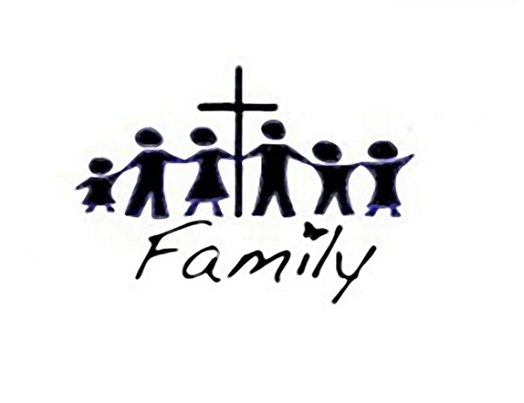 black image on white background with a family of six, a cross, and the word Family to indicate a Christian family.