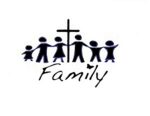 black image on white background with a family of six, a cross, and the word Family to indicate a Christian family.
