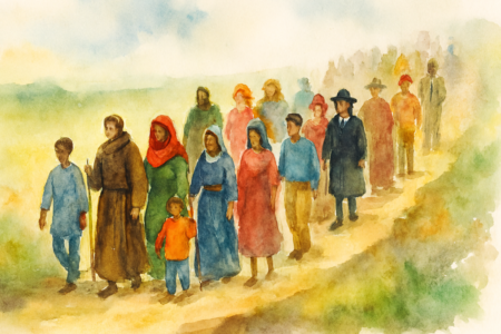 A watercolor painting of a diverse group of people &mdash; men, women, and children of different races and historical eras &mdash; walking together along a winding dirt path. Their clothing reflects ancient, medieval, and modern styles, symbolizing humanity&rsquo;s shared immigrant journey across time.