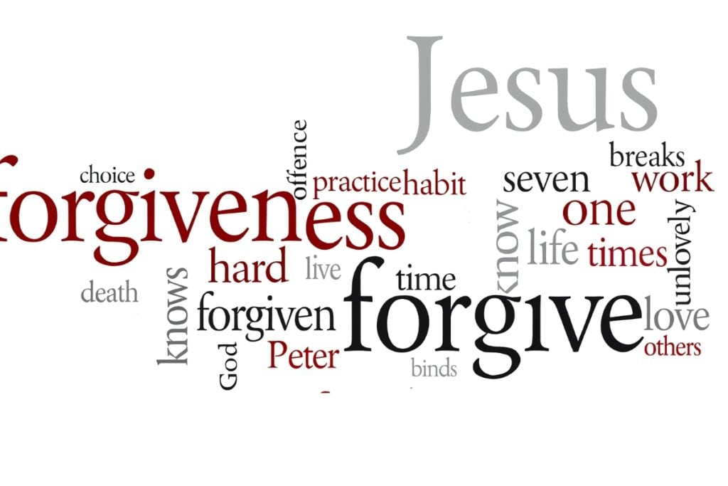 a word cloud of concepts that are part of the forgiveness of Jesus.