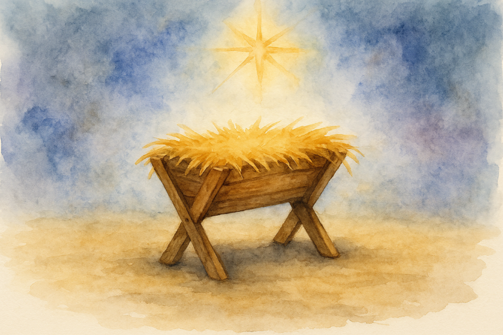 Watercolor of an empty wooden manger filled with straw, set under a glowing star in a quiet night sky. Symbolic of the humble birth of Jesus and the vulnerability of the Holy Family.