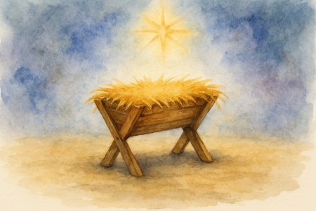 Watercolor of an empty wooden manger filled with straw, set under a glowing star in a quiet night sky. Symbolic of the humble birth of Jesus and the vulnerability of the Holy Family.