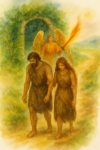 A watercolor image that depicts Adam and Eve clothed in animal skins, walking away from Eden with sorrow, while a cherubim stands guard at the entrance holding a flaming sword flashing back and forth, just as described in Genesis 3:24