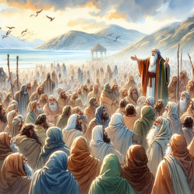 A watercolor of Moses giving The Law from God to the Israelites, during The Exodus