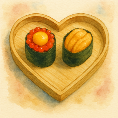 The problem of love without caring A watercolor image of a heart-shaped bamboo plate with 2 pieces of sushi: Ikura with a raw quail egg and uni - symbolizing love without caring.