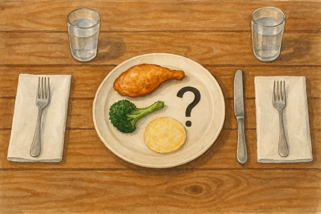 A modern-day "Let them eat cake scenario" with a meal of 1 piece of chicken, 1 broccoli floret, 1 corn tortilla, and a mystery ingredient to be identified since the cost is already over the $3 limit.