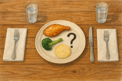A modern-day "Let them eat cake scenario" with a meal of 1 piece of chicken, 1 broccoli floret, 1 corn tortilla, and a mystery ingredient to be identified since the cost is already over the $3 limit.
