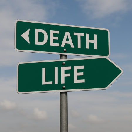 Green road sign with two arrows: one pointing left labeled “DEATH,” one pointing right labeled “LIFE.”