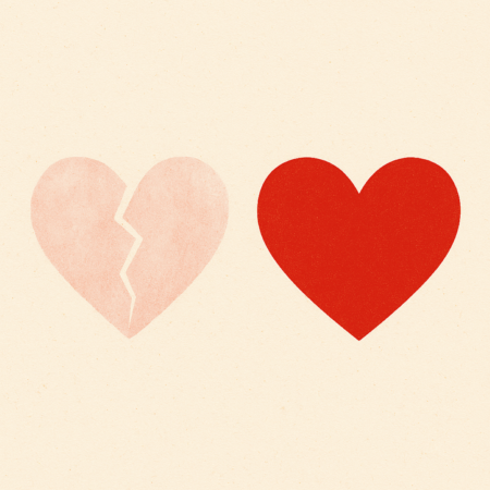 The problem of love without God love without God, represented by an image of two red hearts side by side. The left heart is faded with a barely visible crack down the center, symbolizing a broken love we may not recognize. The right heart is whole and vibrant, representing the love God offers to restore us.