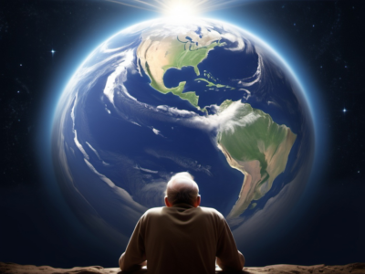 God, looking down on earth from Heaven