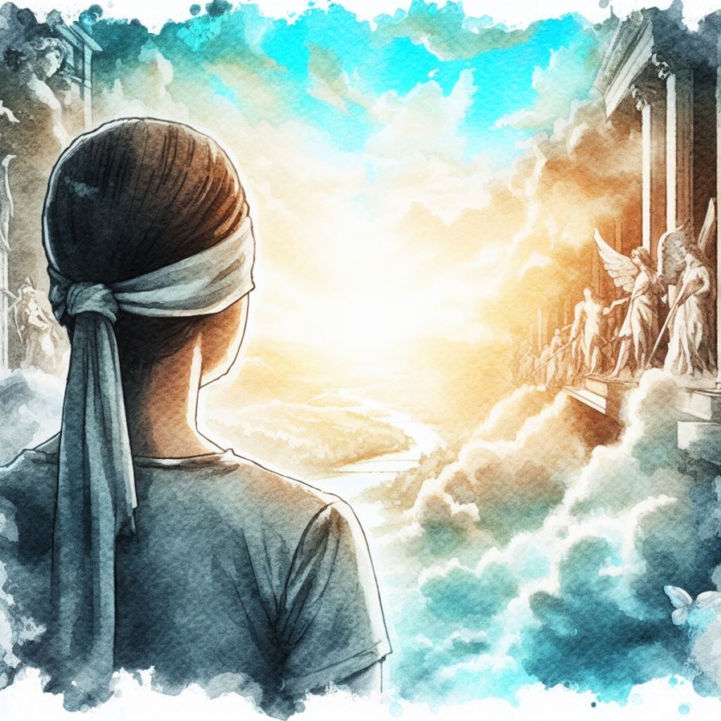 Faith Requires Trust: Taking A Risk On Something We Can'T See a watercolor of a young woman, blind folded while looking at an image of Heaven, to illustrate faith requires trust: taking a risk on something we can't see.