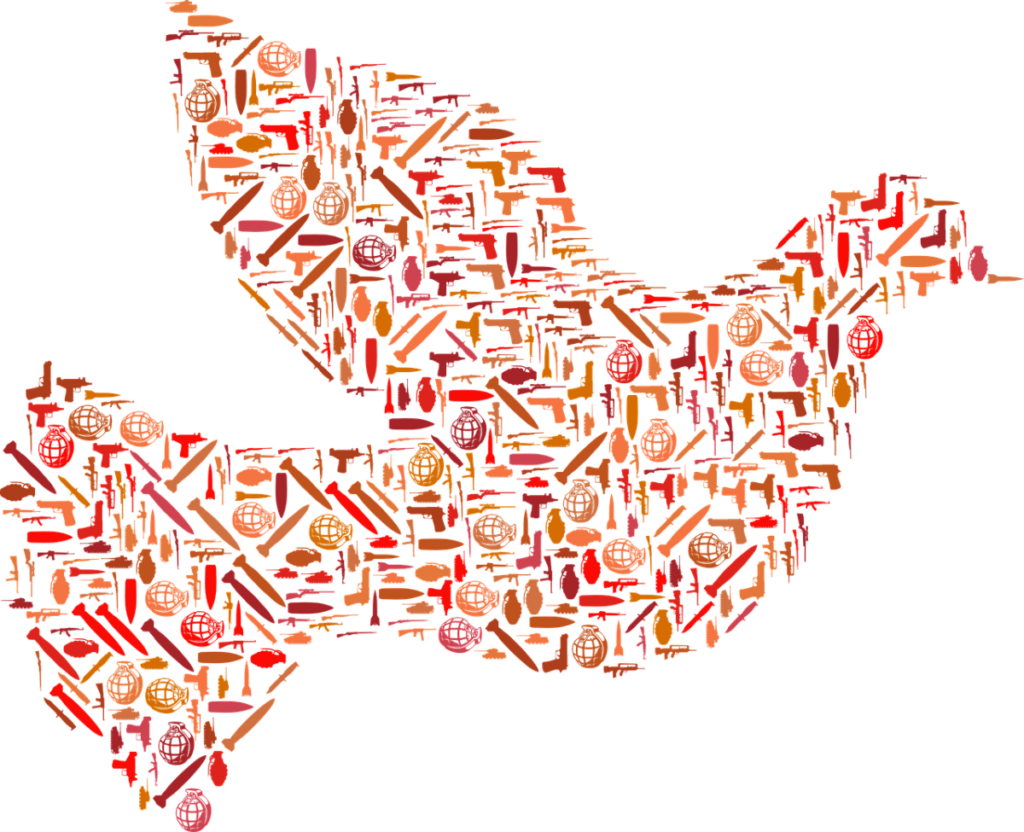 Don'T Dwell On Your Haters: Don'T Settle For Less #04 Image of a dove, a symbol of the Hoy Spirit, made from small images of weapons such as guns, hand grenades, tanks, and rockets.