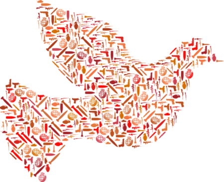 Image of a dove, a symbol of the Hoy Spirit, made from small images of weapons such as guns, hand grenades, tanks, and rockets.