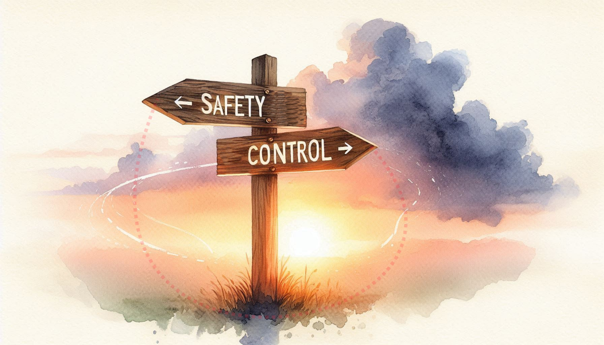 A wooden crossroads sign at sunrise with one arrow labeled 'Safety' and another labeled 'Control,' with a faint dotted red curved arrow drifting from Safety toward Control.
