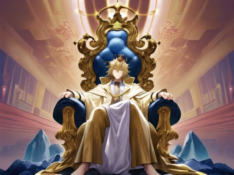 an AI image of a king sitting in an elaborate golden throne, backlit with rays of light, wearing a golden crown and massive golden robes.
