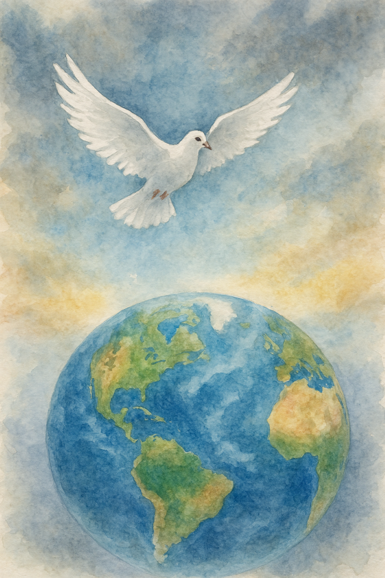 A white dove hovering over the earth, showing that all nations on earth are under God