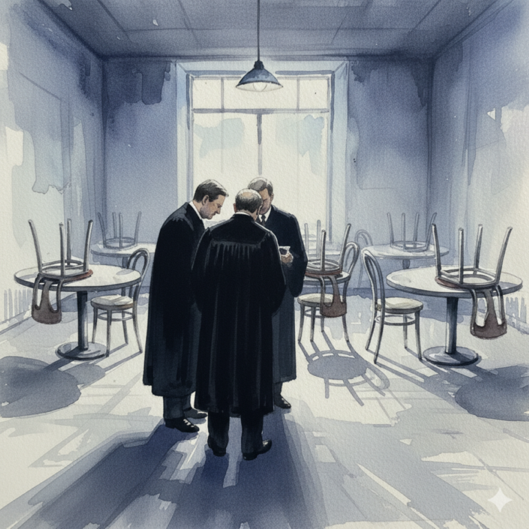 a watercolor image of three men dressed as judges, having a private conversation in a closed restaurant