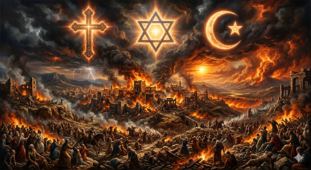 When the State Claims God’s Plan an image of Armageddon from the Bible, with a Christian cross, a Jewish star of David, and an Islamic crescent moon across the top, in a dark sky above the fray.