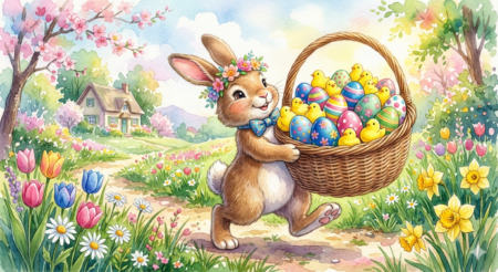 What Kind Of Resurrection Do You Want? An Easter bunny walking down a dirt lane in a colorful field, carrying a big basket full of brightly colored eggs and yellow marshmallow chicks.