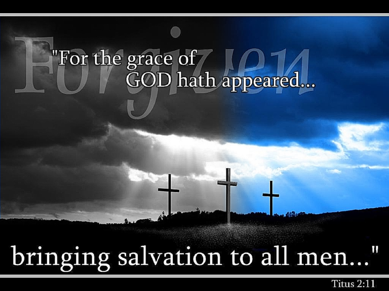Three crosses from Good Friday. The scene as just after the sun has gone below the horizon, everything a hue of evening blue. But the image is black and white, from the left edge until it reaches Jesus' cross, where the scene begins to pick up its natural color.