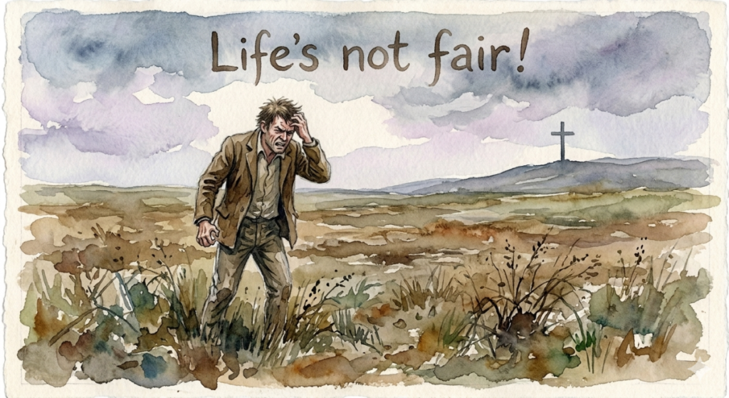 Life'S Not Fair! A man stands in a barren field, gesturing in despair with his back to a distant cross on a hill.