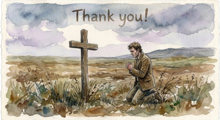 A man kneels in gratitude before a wooden cross standing in the middle of a field.