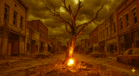 a small town main street. It's a dark, cloudy, dreary day. the town has been abandoned for years. store windows are broken. the sidewalks are broken up by weeds growing from under the cement. There's a tree that sprouted in the middle of the street. but now, al the plants are dead for lack of water. There's a small light sconce on the ground, leaning against the tree, giving of an eerie dim orange glow.