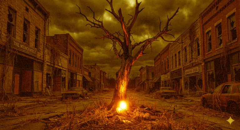 a small town main street. It's a dark, cloudy, dreary day. the town has been abandoned for years. store windows are broken. the sidewalks are broken up by weeds growing from under the cement. There's a tree that sprouted in the middle of the street. but now, al the plants are dead for lack of water. There's a small light sconce on the ground, leaning against the tree, giving of an eerie dim orange glow.