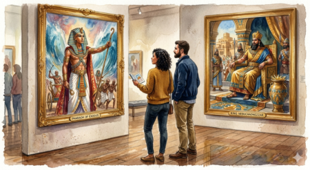 A couple in a gallery looking at two large watercolor portraits of Pharaoh and Nebuchadnezzar.