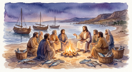 What Kind Of Resurrection Do You Want? Jesus along with disciples. eating a meal of fish, prepared on the fire. Several wooden fishing boats are anchored in the calm water of the sea behind them, and rugged hills rise in the distance under a starlit sky.