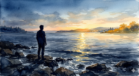 A watercolor painting of a dark silhouette of a person standing on a rugged, rocky shore at twilight. The person is looking across a body of water toward a distant, brightly lit shore where a warm, golden glow from a sunset or town lights reflects on the water's surface. A narrow, shimmering path of light connects the two shores across the dark, rippling waves, beneath a soft sky of blue and orange clouds.