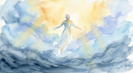 What Kind Of Resurrection Do You Want? This visualization captures the essence of a spiritual resurrection through the fluid, transparent qualities of watercolor. The solitary figure serves as a focal point for transformation and the "becoming" of the soul, weightlessly ascending into a brilliant, golden light that signifies spiritual awakening and eternal hope.