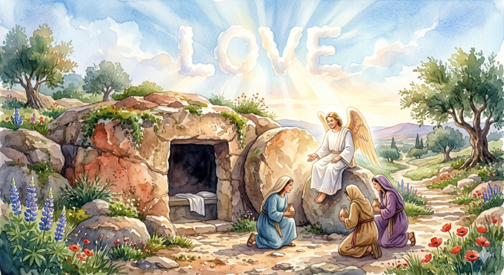 What Kind Of Resurrection Do You Want? A serene watercolor painting of the empty tomb of Jesus. An angel in white robes sits on the rolled-away stone, speaking to three women kneeling before him. In the bright morning sky, the word "LOVE" is formed by soft white clouds, with sunbeams radiating behind it.