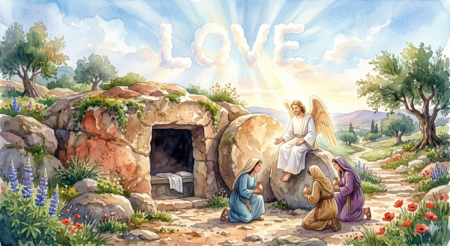 What Kind Of Resurrection Do You Want? A serene watercolor painting of the empty tomb of Jesus. An angel in white robes sits on the rolled-away stone, speaking to three women kneeling before him. In the bright morning sky, the word "LOVE" is formed by soft white clouds, with sunbeams radiating behind it.