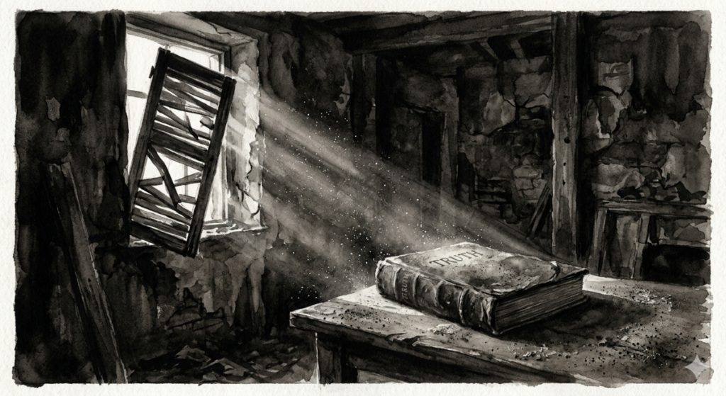 A black‑and‑white watercolor of a beam of light entering a dark room through a crooked shutter, illuminating part of a dusty closed book on a dusty table.