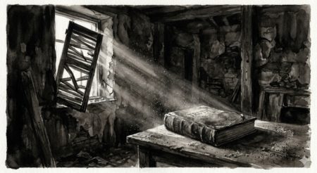 A black‑and‑white watercolor of a beam of light entering a dark room through a crooked shutter, illuminating part of a dusty closed book on a dusty table.