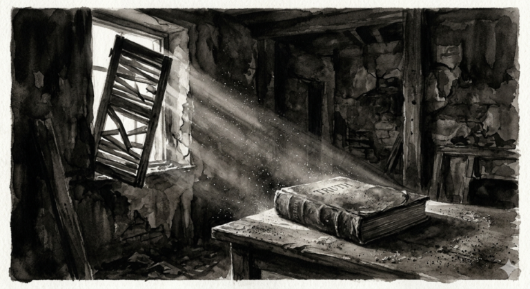 A black‑and‑white watercolor of a beam of light entering a dark room through a crooked shutter, illuminating part of a dusty closed book on a dusty table.