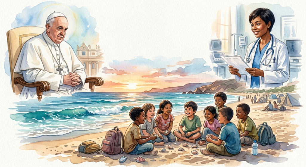 A Pope, a doctor, and migrant children happily playing in a sandy beach.