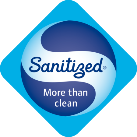 a product label that says, "Sanitized - more than clean", in various shades of blue.