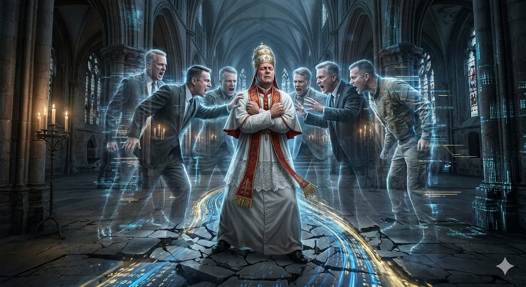 The Clash Of Sovereignties: Part 1 Of The Wide-Path Seduction A central, middle-aged figure in full 14th-century Papal white and red regalia. He is encircled by translucent, ghostly, shifting holographic projections of modern, predatory US Pentagon officials (suit jackets and tactical gear, holding generic 'threat' documents or data pads). The ground beneath the Pope is starting to split