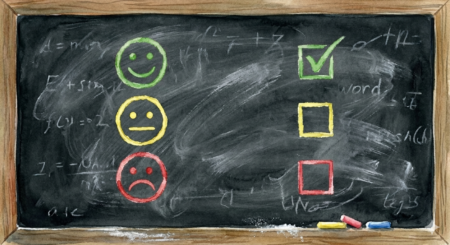 Don'T Speak Negatively Of Yourself: Don'T Settle For Less #01 A watercolor painting of a dark, old-fashioned blackboard in a wooden frame. On the board are three hand-drawn lines: a green happy face with a checked box, a yellow neutral face with an empty box, and a red frowning face with an empty box. Remnants of chalk writing and smudges are visible in the background.