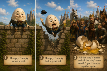 Corruption Is Unprecedented: It Could Be Your Downfall A 3-pane image of Humpty Dumpty, first sitting on the wall, then falling off the wall is it collapses, and finally a smashed egg on the ground with all the king's horses and all the kings' men looking on in shock.