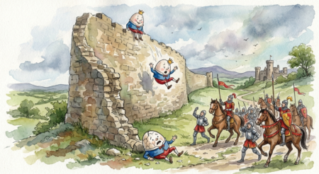 Corruption Is Unprecedented: It Could Be Your Downfall A watercolor time-lapse image of Humpty Dumpty, with all the king's horses and all the all the kind's men watching three moments: sitting on the wall, halfway down the wall, and on the ground.