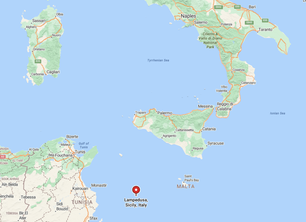 map of Lampedusa, between Sicily, Italy, and Africa