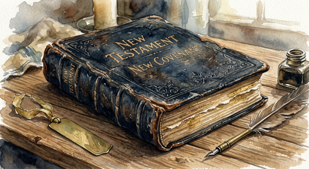 New Covenant Well worn, black leather New Testament - also has the words "New Covenant" on the cover. It's laid on a an old wooden table, with a quill pen, ink, and a gold metal bookmark.
