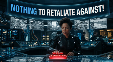 A woman is sitting at a large futuristic war command console, pressing the "retaliate" button.  But the system replies - "Nothing to retaliate against"